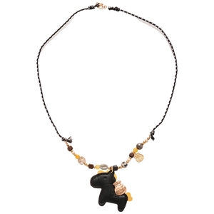 Acrylic bead and leather pony pendant necklace with golden charm on braided cord