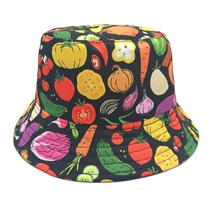 Unisex bucket hat with colorful hand-drawn vegetable print for summer outdoor activities