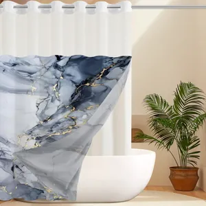 Close-up of marble pattern shower curtain with blue, grey and gold textures