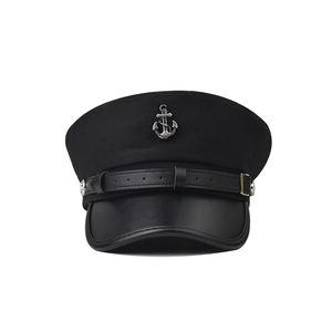 Classic black nautical captain hat with silver anchor emblem and leather brim for women