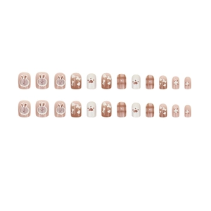 24pcs Sweet Brown and Cream Press-on Nails with Cute Rabbit and Cat Paw Prints