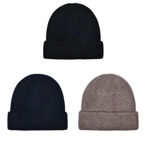 Three-piece set of ribbed wool knit beanies in black, navy, and grey for outdoor warmth