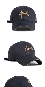 Detailed views of navy baseball cap featuring golden Chinese calligraphy embroidery