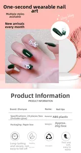 Detailed macro view showing green tea and camellia pattern press-on nails with specifications