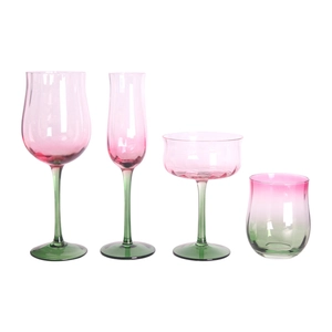 Hand-blown vintage wine glass set with pink to green gradient and ribbed texture design
