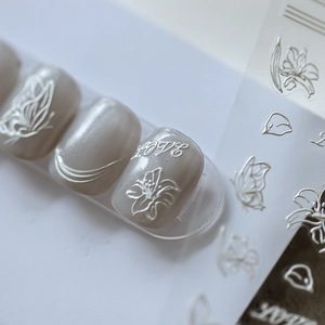 5D embossed nail stickers with white butterflies, flowers and love text designs