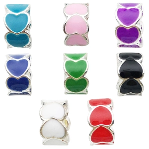 Colorful heart-shaped enamel charms with silver metal borders in eight assorted colors