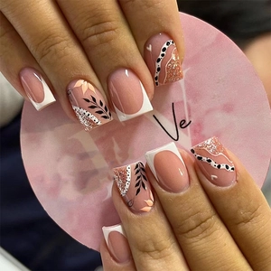 Uñas Postizas Francesas Blancas Con Patrones de Hojas Negras Y Purpurina Oro Rosa Kit de Uñas Artificiales Cuadradas Cortas Para Mujer