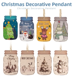 Detail of 8 unique wooden mason jar ornaments with Christmas patterns and jute twine