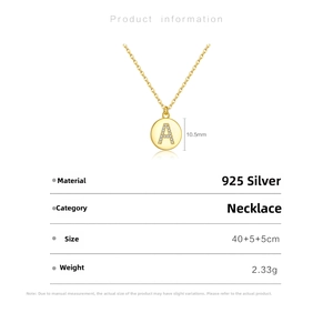 Detail of S925 silver A-letter pendant necklace with product dimensions and specs