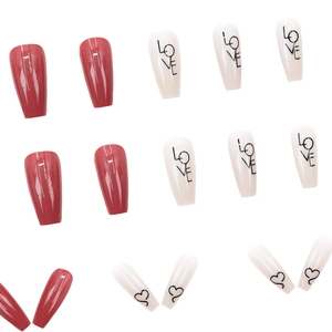 Glossy dark red and creamy white coffin press-on nails with LOVE letters and heart patterns