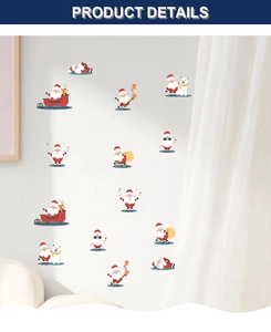Detail view of Santa and polar bear wall decals on white wall with white curtains