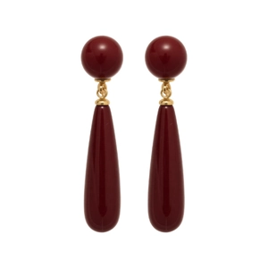 Elegant wine red water drop earrings with golden metal studs in a minimalist pearl style