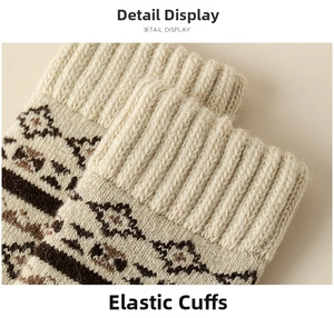 Close-up of thick winter wool socks featuring retro geometric patterns and elastic cuffs