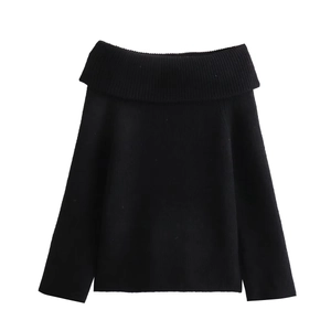 Slim fit black off-shoulder long sleeve knitted sweater for women in plain white background