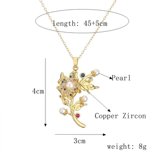 Detailed specs of rose pendant necklace with dimensions, pearls and copper zircon materials