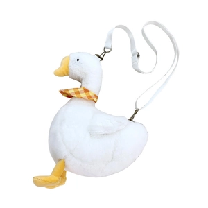 Cute white plush goose crossbody bag with yellow beak and soft fabric texture for women