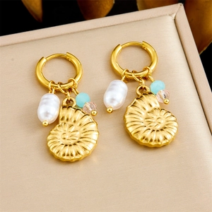 Boucles D Oreilles Pendantes En Acier Inoxydable Avec Pendentif Conque Künstliche Perle Baroque Künstliche Perles Colorées Plaqué Or Style Plage Océan
