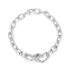 925 Sterling Silver Interlocking Heart Link Bracelet For Women Minimalist Geometric Double Heart Clasped Chunky Chain Bracelet Jewelry Gift