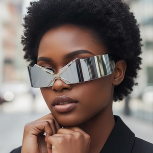 Futuristic silver Y2K frameless oversized mirrored sunglasses with asymmetric geometric design