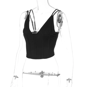 Detailed view of black slim fit deep V-neck corset top on a clear female mannequin