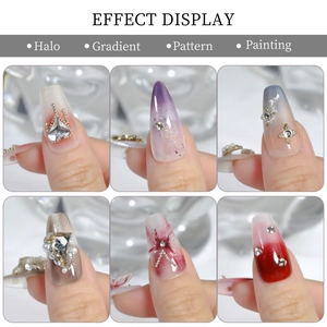 Aperçu de l'effet manucure avec divers designs dégradés, strass et paillettes brillantes