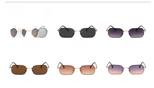 Collection of metal frame rectangular sunglasses in red, gray, brown and pink gradient lenses