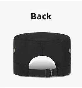 Detail of black cotton cadet cap featuring silver metal adjustable buckle and vent holes