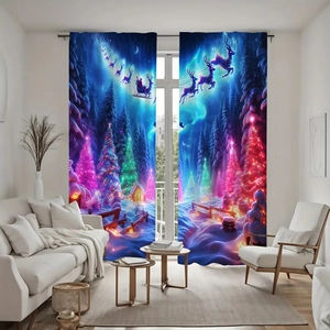 Detail of Christmas festive blackout curtains with Reindeer and Santa print in a living room
