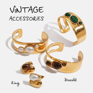 Vintage Stainless Steel Bracelet Ring Jewelry Women 18K Gold Plated Malachite Tiger Eye Artificial Pearl Hollow Open Cuff Waterproof