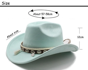 Detail view of mint green suede cowboy hat showing shell band and size dimensions