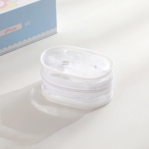 Close-up of oval transparent PVC storage bag with white zipper for doll display