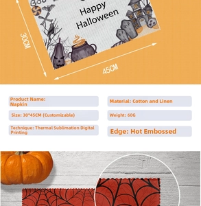 Detail of 30x45cm Halloween linen placemat with digital printing and heat-pressed edges