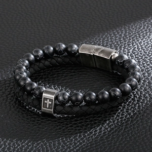 Men's double-layer turquoise beaded and woven leather bracelet with cross charm