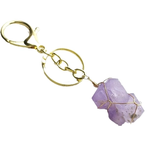 Porte-clés en cristal d'améthyste fait main avec fil doré et fermoir mousqueton robuste