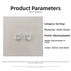 Technical view of U-shaped S925 sterling silver hoop earrings with product dimensions