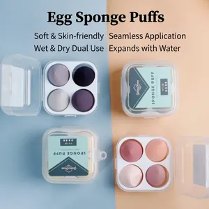 Set of 4 egg-shaped makeup sponges in storage box for wet and dry cosmetic use