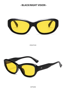Front and 45-degree side views of black frame cat-eye sunglasses with yellow night vision lenses