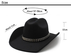 Guida alle taglie del cappello da cowboy nero con borchie, circonferenza 58cm e altezza