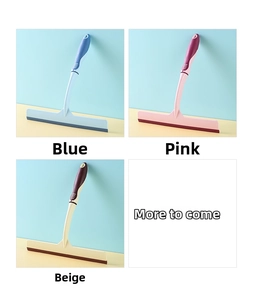 Handheld squeegees for home cleaning in blue, pink, and beige with non-slip handles