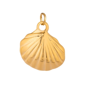 Macro detail of golden seashell-shaped stainless steel pendant with high gloss finish