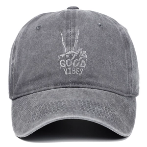 Washed Cotton Baseball Cap Vintage Retro Good Vibes Skeleton Hand Embroidery Adjustable Streetwear Casual Hat For Men Women