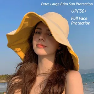Women Wide Brim Bucket Hat Cotton Polyester Double Sided High Sun Protection Outdoor Beach Korean Style Windproof Rope