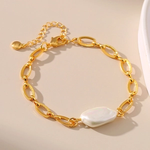 Irregular Artificial Baroque Pearl Bracelet Gold Plated Textured O-Ring Chain French Retro Jewelry Adjustable For Women