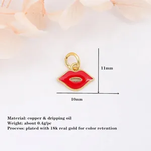 Mini red lip charm pendant in 18k gold plated copper with dripping oil finish, 10x11mm