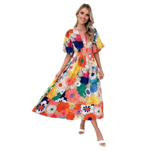 Floral print A-line maxi dress with puff sleeves and V-neck design for women