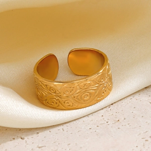 Stainless Steel Open Ring For Women Bohemian Evil Eye Pattern Carved Adjustable Gold Plated Vintage Jewelry Accessory