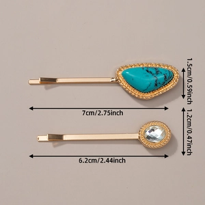 Detailed dimensions of gold hair clips with turquoise and clear gemstone decorations