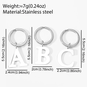 Stainless steel alphabet A, B, and C keychains with weight and dimension details