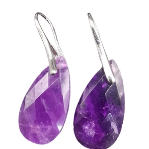 Elegant natural purple amethyst teardrop earrings with silver hooks on white background